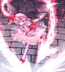  argyle argyle_legwear bat_wings blue_hair chain dress hat highres leaning_forward makuwauri outstretched_arms pantyhose pink_dress pink_legwear red_eyes remilia_scarlet solo stone_wall touhou wall wings 