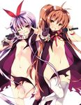  :d ;d \n/ arui_wa_genzaishinkoukei_no_kurorekishi brown_hair cape fang long_hair microphone multiple_girls naked_cape navel one_eye_closed open_mouth purple_hair refeia smile thighhighs 