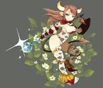  animal_print blue_eyes boots breasts brown_hair covered_nipples cow_girl cow_print cow_tail hair_ornament hairclip highres horns large_breasts mota original pointy_ears solo staff tail thighhighs weapon 