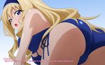  1girl ass bikini blonde_hair blue_eyes blush breasts cecilia_alcott female gradient gradient_background highres infinite_stratos long_hair solo sugimura_tomokazu swimsuit 