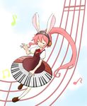  headphones music piano_skirt pink_hair ponytail smile tagme usamimi 