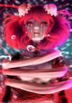 1girl bandage blood blood_from_mouth bun_cover crying crying_with_eyes_open decapitation double_bun flower guro highres ibaraki_kasen open_mouth pink_eyes pink_flower pink_hair pink_rose rose sanneadeen short_hair solo support tearing_up tears touhou urban_legend_in_limbo watermark web_address wrapped_up 