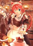  animal_ears apron armor blue_eyes blush cake cat_ears food highres maid maid_headdress mole mole_under_eye one_eye_closed orange_hair original shingo_(picturepuzzle) solo tail tray 