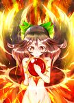  arm_cannon bad_id bad_pixiv_id bow brown_hair fire fusanojou green_bow groin hair_bow hand_on_own_chest long_hair navel nude red_eyes reiuji_utsuho smile solo third_eye touhou upper_body weapon wings 
