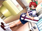  brown_eyes brown_loafers casual_romance_club gym_bag houkago_ren-ai_club looking_at_viewer plaid_hair_ribbon red_hair school_uniform top_of_stairs white_socks 
