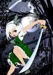  ascot bad_id bad_pixiv_id bow ghost hair_bow hairband highres hitodama katana konpaku_youmu konpaku_youmu_(ghost) night open_mouth scabbard sheath short_hair solo sword touhou tree weapon white_hair 