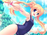  :d blonde_hair blue_eyes blush chime_milhawks dutch_angle game_cg long_hair one-piece_swimsuit open_mouth primary_~magical_trouble_scramble~ school_swimsuit smile solo swimsuit tsurugi_hagane twintails wand 
