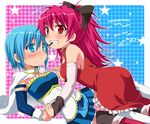  :3 bad_id bad_pixiv_id blue_eyes blue_hair blush food futaba_841 gloves grin holding_hands long_hair mahou_shoujo_madoka_magica miki_sayaka mouth_hold multiple_girls pocky ponytail red_eyes red_hair sakura_kyouko short_hair smile thighhighs 