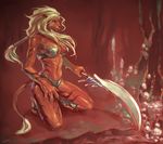  bikini blonde_hair breasts claws cleavage clothed clothing feline female hair kneeling legwear lion looking_at_viewer mammal metal_bikini ponytail skimpy solo swimsuit sword toeless_socks unconvincing_armor wakky weapon 