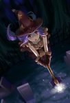  :o absurdres bad_id bad_pixiv_id broom broom_riding fs-project gloves graveyard hat highres open_mouth original purple_hair red_eyes solo witch witch_hat 