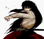  1boy black_hair blood human injury inuyasha inuyasha_(character) long_hair male_focus solo sword transformation weapon 