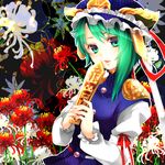  asymmetrical_hair bad_id bad_pixiv_id floral_background flower green_eyes green_hair hands hat lips looking_at_viewer rod_of_remorse shiki_eiki short_hair smile solo spider_lily touhou upper_body yutazou 