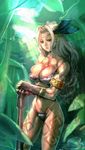  amazon_(dragon's_crown) armlet blonde_hair bow_(bhp) breasts circlet cleavage dragon's_crown gloves green_eyes hair_ornament halberd large_breasts light_rays long_hair muscle muscular_female panties polearm solo standing sunbeam sunlight tattoo underwear weapon 