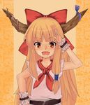  belt daimosu hair_tubes horn_ribbon horns ibuki_suika long_hair orange_eyes orange_hair red_eyes ribbon salute shirt sleeveless sleeveless_shirt solo touhou upper_body wrist_cuffs 