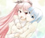  blue_eyes blue_hair blush breast_grab breasts dancho_(danch) grabbing highres long_hair mahou_shoujo_madoka_magica medium_breasts miki_sayaka multiple_girls ponytail red_eyes red_hair sakura_kyouko school_uniform short_hair 