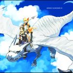  1girl blonde_hair bright_(suikoden) brown_hair dragon flying futch_(suikoden) gensou_suikoden gensou_suikoden_iii horns midriff morisuke older polearm sharon_(suikoden) sky spear tail weapon wings 