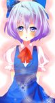  arms_behind_back bad_id bad_pixiv_id blue_eyes blue_hair blush bow cirno dress hair_bow lowres neck_ribbon no_wings ribbon short_hair solo touhou yapi_(yabai_toki) 