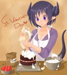  apron black_hair blue_eyes breasts cake cooking cream demon_girl frosting horns large_breasts oppai pointed_ears short_hair strawberry sweater tail valentine 