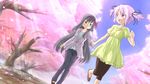  akemi_homura black_hair blush capri_pants casual cherry_blossoms dutch_angle hair_ribbon hamioura highres holding_hands kaname_madoka long_hair mahou_shoujo_madoka_magica multiple_girls pants petals pink_eyes pink_hair purple_eyes ribbon short_hair short_twintails twintails 