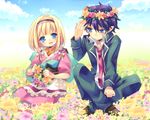  1girl ao_no_exorcist black_hair blonde_hair blue_eyes blue_sky blush cloud day dress field flower flower_field flower_necklace hairband hand_on_head head_wreath japanese_clothes jewelry kimono kosuzume moriyama_shiemi necklace necktie okumura_rin open_mouth pink_dress pointy_ears school_uniform short_hair sitting sky smile 