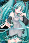  blush breasts cover covered_nipples doujinshi green_eyes green_hair harukigenia hatsune_miku highres large_breasts long_hair necktie panties skin_tight skirt solo thighhighs twintails underwear very_long_hair vocaloid 