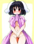  animal_ears black_hair blush breasts bunny_ears carrot covered_nipples covering covering_crotch dress dress_in_mouth dress_lift groin inaba_tewi large_breasts mouth_hold navel older red_eyes semahiro short_hair solo touhou 