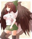  bow brown_hair fal_maro green_bow hair_bow highres impossible_clothes impossible_shirt red_eyes reiuji_utsuho shirt solo thighhighs touhou wings zettai_ryouiki 