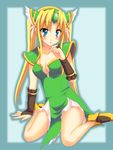  bare_legs blonde_hair blue_background blue_eyes breasts cleavage collarbone dress full_body gem green_dress headpiece long_hair looking_at_viewer medium_breasts riesz saki_chisuzu seiken_densetsu seiken_densetsu_3 shoes shoulder_pads simple_background sitting solo twintails yokozuwari 