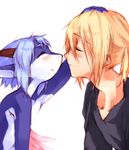  anthro blonde_hair blue_hair blush couple cub cute dragon duo eyes_closed female flat_chest hair horn horns human hybrid loli male mammal plain_background snooow white_background wings yksel young 