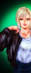  aya_brea blonde_hair blue_eyes denim female gradient gradient_background jacket jeans long_hair pants parasite_eve phantom_lady_(pixiv3043428) shirt solo white_shirt 