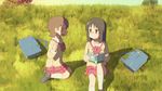  2girls aioi_yuuko animated animated_gif black_hair book brown_hair cap gif glasses hug lowres minakami_mai multiple_girls nichijou rejected screencap short_hair sunset 