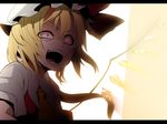  akanagi_youto anime_coloring backlighting blonde_hair crazy_eyes dress fangs flandre_scarlet hat letterboxed necktie open_mouth red_eyes shirt short_hair silhouette solo touhou wings 