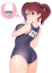  1girl :o ass bangs bare_shoulders blush bowl breasts brown_hair clothes_writing commentary_request finger_to_mouth from_behind glasses highres kippuru large_breasts long_hair mera_chisato name_tag nose_blush one-piece_swimsuit plump purple_eyes rice rice_bowl saiki_kusuo_no_psi_nan school_uniform simple_background solo swimsuit thought_bubble white_background 