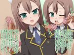  &gt;:[ baka_to_test_to_shoukanjuu brown_hair foreskin green_eyes hairclip kinoshita_hideyoshi needs_translation oral penis school_uniform smegma teal_eyes tekoki translation_request trap uniform wink yaoi 