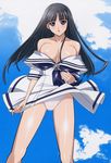  absurdres areolae bare_shoulders black_hair blue_eyes cloud dress highres kuroda_kazuya long_hair mizushima_asa panties sailor_dress school_uniform solo sora_no_iro_mizu_no_iro underwear undressing wind wind_lift 