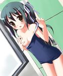  areola_slip areolae black_hair blush breasts brown_eyes covering covering_one_breast haoriya_chie_(minidraco) long_hair medium_breasts minidraco one-piece_swimsuit original school_swimsuit small_nipples solo swimsuit swimsuit_pull 