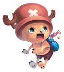  antlers backpack bag blue_eyes candy food hat male_focus no_humans one_piece onisakiyoruka open_mouth pink_hat shorts solo tony_tony_chopper 