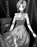  bare_shoulders black_keys ceila chain ciel greyscale highres monochrome pile_bunker powerd_ciel seventh_holy_scripture short_hair solo tattoo torn_clothes tsukihime 