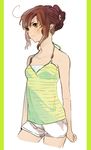  ahoge alternate_costume alternate_hairstyle arm_behind_back axis_powers_hetalia bangs bare_shoulders beads blush brown_eyes brown_hair flower flowerchorus frown genderswap genderswap_(mtf) hair_bun hair_flower hair_ornament hair_up looking_away ponytail short_shorts shorts simple_background sleeveless solo southern_italy_(hetalia) standing striped swept_bangs tank_top white_background 