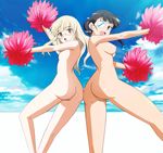  2girls ass ass-to-ass beach black_eyes black_hair blonde_hair blush breasts cheerleader cloud eyepatch glasses highres long_hair megane mio_sakamoto multiple_girls nipples nude nude_filter open_mouth perrine_h_clostermann photoshop pom_poms ponytail pussy sakamoto_mio sky smile strike_witches uncensored yellow_eyes zenra 