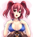  arms_up asu_hare bad_id bad_pixiv_id belt blue_dress blush breasts breasts_apart cleavage coin collarbone dress face hair_bobbles hair_ornament highres large_breasts looking_at_viewer onozuka_komachi open_mouth red_eyes simple_background solo sweat touhou two_side_up upper_body 