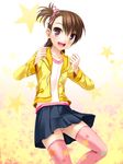  bad_id bad_pixiv_id blush brown_hair futami_ami hood hoodie idolmaster idolmaster_(classic) open_mouth panties pantyshot pantyshot_(standing) print_legwear purple_eyes side_ponytail skirt smile solo standing star star_print thighhighs totokichi underwear 