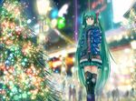  adjusting_hair aqua_eyes aqua_hair aqua_scarf black_legwear christmas christmas_lights christmas_tree coat forfreedo hatsune_miku highres lamppost long_hair scarf solo thighhighs twintails very_long_hair vocaloid winter_clothes zettai_ryouiki 