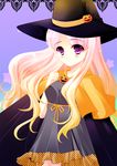  blonde cape dress halloween hat jack-o&#039;-lantern long_hair multicolored_hair pink_hair pumpkin purple_eyes witch_hat 