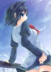  arched_back bad_id bad_pixiv_id bangs black_hair blue_eyes day from_behind hand_on_hip highres long_sleeves looking_at_viewer looking_back original outdoors panties pantyshot rozea_(graphmelt) short_hair sky smile solo underwear upskirt 