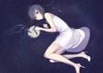  ataru_(ataru_squall) bad_id bad_pixiv_id black_hair blue_eyes dress legs long_hair lying moon night night_sky on_side original reflection sky solo star_(sky) water 