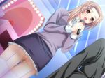  1girl ayumu. brown_eyes brown_hair censored clit_piercing clitoris_piercing exhibitionism jewelry long_hair microphone no_panties nopan open_mouth piercing pussy_juice skirt upskirt weights z-ana 