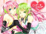  blue_eyes elbow_gloves gloves green_eyes green_hair gumi happy_synthesizer_(vocaloid) headphones headset long_hair megurine_luka multiple_girls nail-diter one_eye_closed pink_hair smile vocaloid 