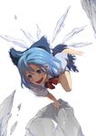  arm_support bad_id bad_pixiv_id blue_eyes blue_hair blush bow cirno hair_bow highres ice ice_wings jumping open_mouth short_hair simple_background smile solo teenage touhou wings yoo_(tabi_no_shiori) 