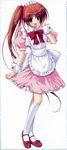  :d absurdres amane_sou blue_eyes brown_hair dress full_body hair_ribbon highres maid maid_headdress mary_janes momose_mio open_mouth pastel puffy_short_sleeves puffy_sleeves red_footwear ribbon shoes short_sleeves side_ponytail simple_background smile socks solo waitress white_legwear wrist_cuffs 